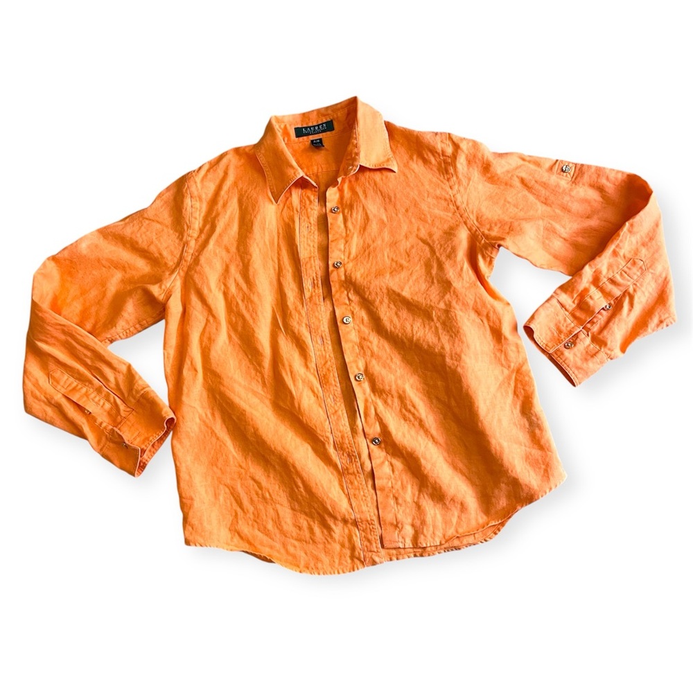 Lauren Ralph Lauren Women's Petite Vintage Y2K Orange Linen Button Up Shirt, MP